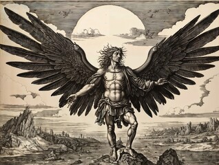 Engraving, Icarus flying too close to the sun on wings of wax and feathers