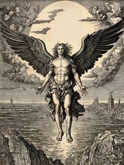 Engraving, Icarus flying too close to the sun on wings of wax and feathers