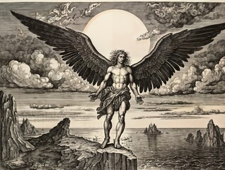 Engraving, Icarus flying too close to the sun on wings of wax and feathers
