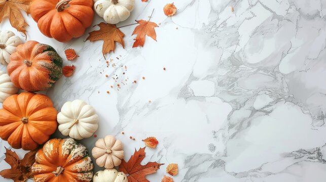 Fall themed flat lay on white marble surface with pumpkins leaves and seasonal decor