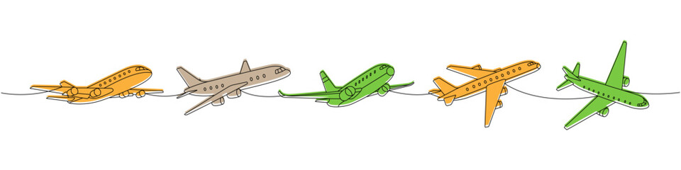 Airplane set. Air transport one line colored continuous drawing. Passenger airplanes continuous one line illustration. Vector minimalist illustration