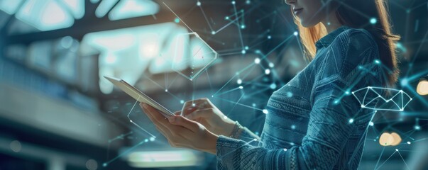 A woman in a professional setting interacts with a digital tablet. Abstract network graphics overlay, symbolizing connectivity and technology. Free copy space for text.
