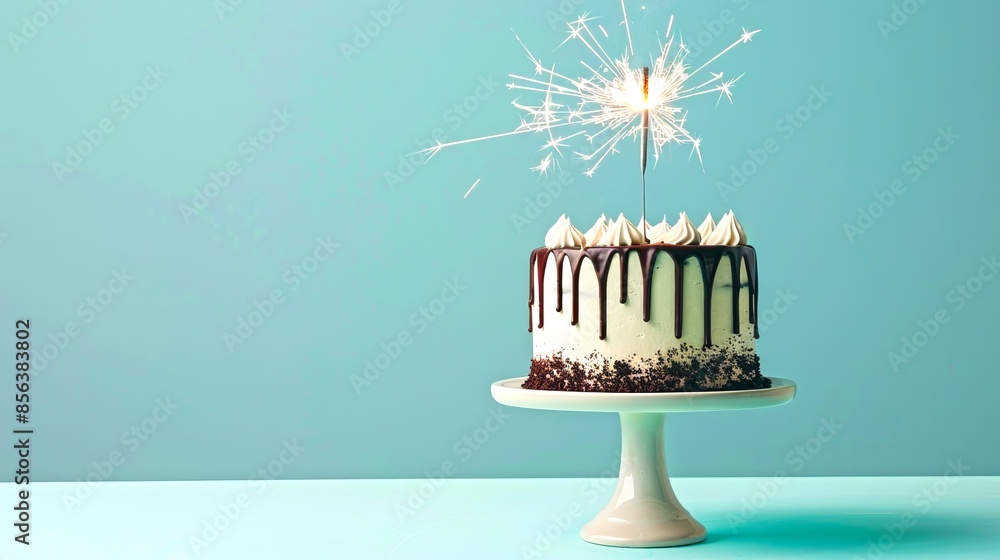 Wall mural Stylish cake on a minimal stand. The cake is topped with a sparkler. The drizzled chocolate cake has a modern, minimalist style. Perfect for celebration and party themes. AI