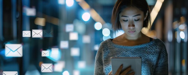 A woman interacts with a digital tablet. Abstract network graphics overlay, symbolizing connectivity and technology. Free copy space for text.