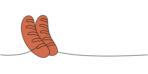 German fried sausages one line colored continuous drawing. Beer pub products continuous one line illustration. Vector linear illustration.
