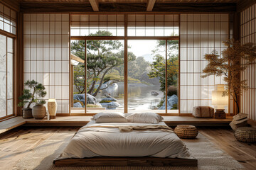 A bedroom with sliding shoji screens, a platform bed, and natural textures, creating a peaceful retreat. Concept of Japandi-inspired sleep environment. Generative Ai.
