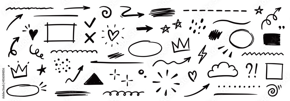 Poster line shape marker underline, arrow, heart brush element set. hand drawn sketch marker underline shap