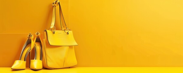 A yellow and red purse sits on a table next to a pair of yellow high heels. Concept of luxury and style, with the bright colors of the purse and shoes drawing attention to the fashionable accessories.
