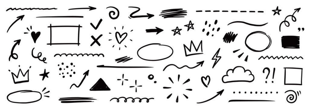 Line shape marker underline, arrow, heart brush element set. Hand drawn sketch marker underline shape, arrow, heart scribble brush pen stroke element. Crown, love graphic icon. Vector illustration