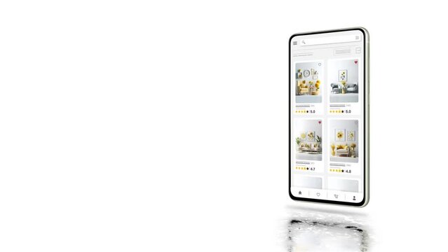 Online marketplace application and website animation. E-commerce and shopping for furniture products. Marketing, commerce and seat sales home page.