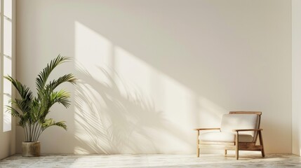 Fototapeta premium Stylish room with wooden armchair beside light wall