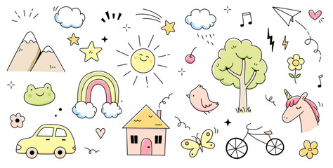 Kid cute doodle set. Cute sun, house, tree kid doodle sketch style vector. Hand drawn sun, car, rainbow elements. Funny children pen outline flower, bird, butterfly. Vector illustration.