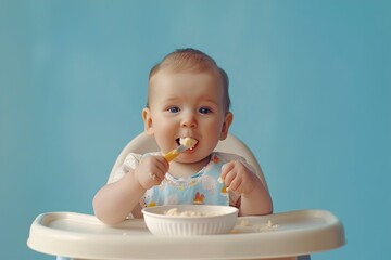 Cute little baby eating healthy food in high chair