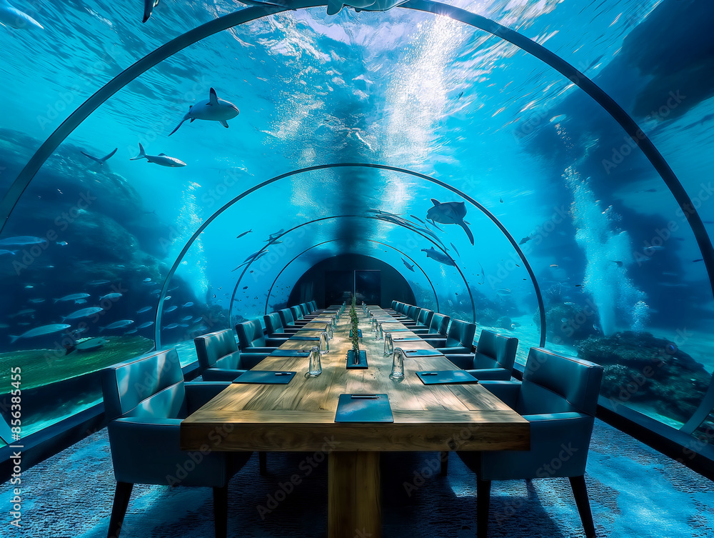 Wall mural A long dining table with chairs and a view of sharks in the background. The table is set for a large gathering of people