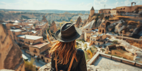 Woman wearing a hat stands on a hill overlooking the town of g&ouml;reme
