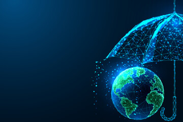 Global protection, sustainability futuristic concept with planet Earth under umbrella on dark blue