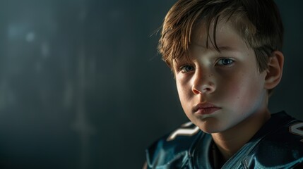 Sad-looking little boy wearing a football uniform