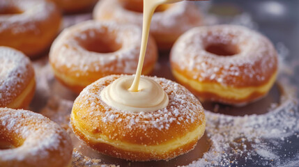 Donuts being filled with creamy vanilla. National Doughnut Day concept.
