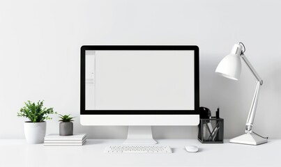 Minimalist White Desk Workspace with a Desktop Computer