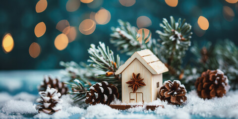 Miniature wooden house decorated with star anise for a festive christmas celebration