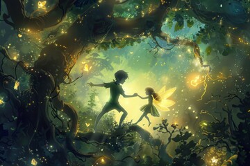 An enchanting illustration of Peter Pan and Tinker Bell exploring a mystical forest, with glowing fairies and creatures 