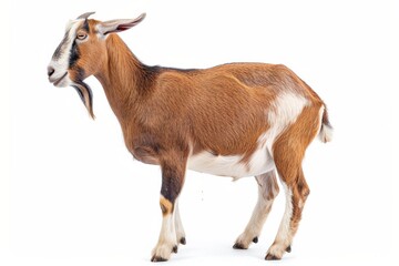 Fototapeta premium the beside view Anglo-Nubian Goat standing, left side view, white copy space on right isolated on white background