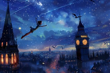 An illustration of Peter Pan flying over the rooftops of London, with Big Ben in the background and a starry night sky