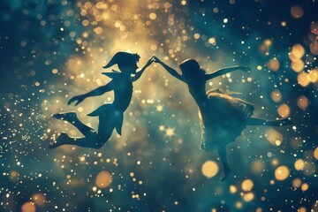 Peter Pan and Wendy dancing in the air above Neverland, with pixie dust sparkling around them