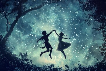 Peter Pan and Wendy dancing in the air above Neverland, with pixie dust sparkling around them 