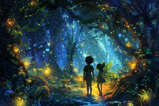 An enchanting illustration of Peter Pan and Tinker Bell exploring a mystical forest, with glowing fairies and creatures 