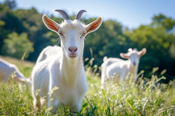 Obraz premium View from beside body of a three Anglo-Nubian goat standing on grass, Awe-inspiring, Full body shot ::2 low Angle View