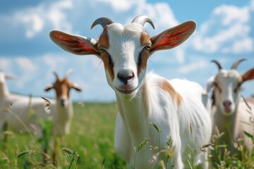 Fototapeta premium View from beside body of a three boer goat standing on grass, Awe-inspiring, Full body shot ::2 low Angle View