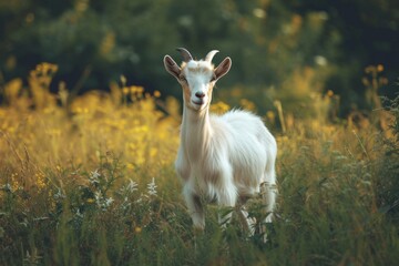 Naklejka premium View from beside body of a three Etawah goat standing on grass, Awe-inspiring, Full body shot ::2 low Angle View