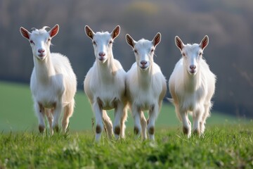 Obraz premium View from beside body of a three Etawah goat standing on grass, Awe-inspiring, Full body shot ::2 low Angle View