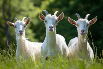 Fototapeta premium View from beside body of a three Saanen goat standing on grass, Awe-inspiring, Full body shot ::2 low Angle View