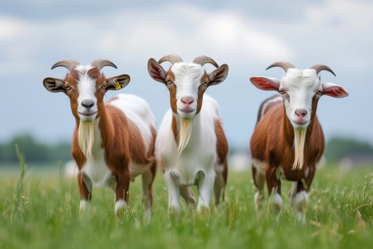 View from beside body of a three boer goat standing on grass, Awe-inspiring, Full body shot ::2 low Angle View