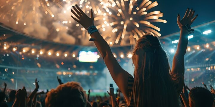 Fans rejoice amid the pyrotechnics at Stadium Arena at night. superior quality image