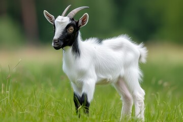 Obraz premium View from side body of a Anglo-Nubian goat standing on grass, Awe-inspiring, Full body shot ::2 Side Angle View