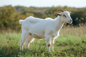 Fototapeta premium View from side body of a boer goat standing on grass, Awe-inspiring, Full body shot ::2 Side Angle View