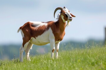 Fototapeta premium View from side body of a boer goat standing on grass, Awe-inspiring, Full body shot ::2 Side Angle View