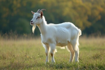 Obraz premium View from side body of a Saanen goat standing on grass, Awe-inspiring, Full body shot ::2 Side Angle View