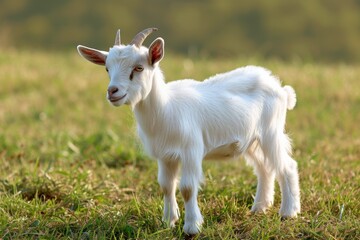 Obraz premium View from side body of a Saanen goat standing on grass, Awe-inspiring, Full body shot ::2 Side Angle View