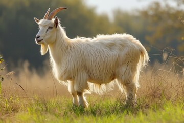 View from side body of a Saanen goat standing on grass, Awe-inspiring, Full body shot ::2 Side Angle View