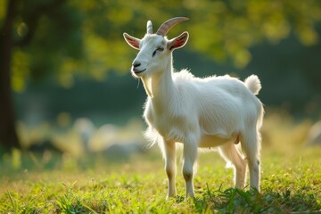 Obraz premium View from side body of a three Alpine goat standing on grass, Awe-inspiring, Full body shot ::2 Side Angle View
