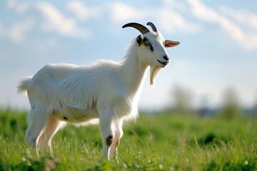 Obraz premium View from side body of a three Anglo-Nubian goat standing on grass, Awe-inspiring, Full body shot ::2 Side Angle View