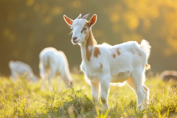 Obraz premium View from side body of a three Anglo-Nubian goat standing on grass, Awe-inspiring, Full body shot ::2 Side Angle View