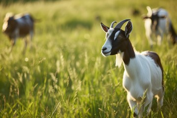 Obraz premium View from side body of a three boer goat standing on grass, Awe-inspiring, Full body shot ::2 Side Angle View