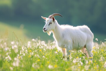 Obraz premium View from side body of a three Toggenburg goat standing on grass, Awe-inspiring, Full body shot ::2 Side Angle View
