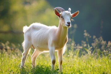 Obraz premium View from side body of a three Toggenburg goat standing on grass, Awe-inspiring, Full body shot ::2 Side Angle View