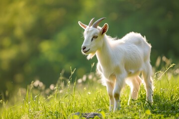 Obraz premium View from side body of a three Toggenburg goat standing on grass, Awe-inspiring, Full body shot ::2 Side Angle View